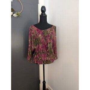 Anne Klein Pink & Green Floral 100% Silk Ruffle Front 3/4 Sleeve Blouse  - PM